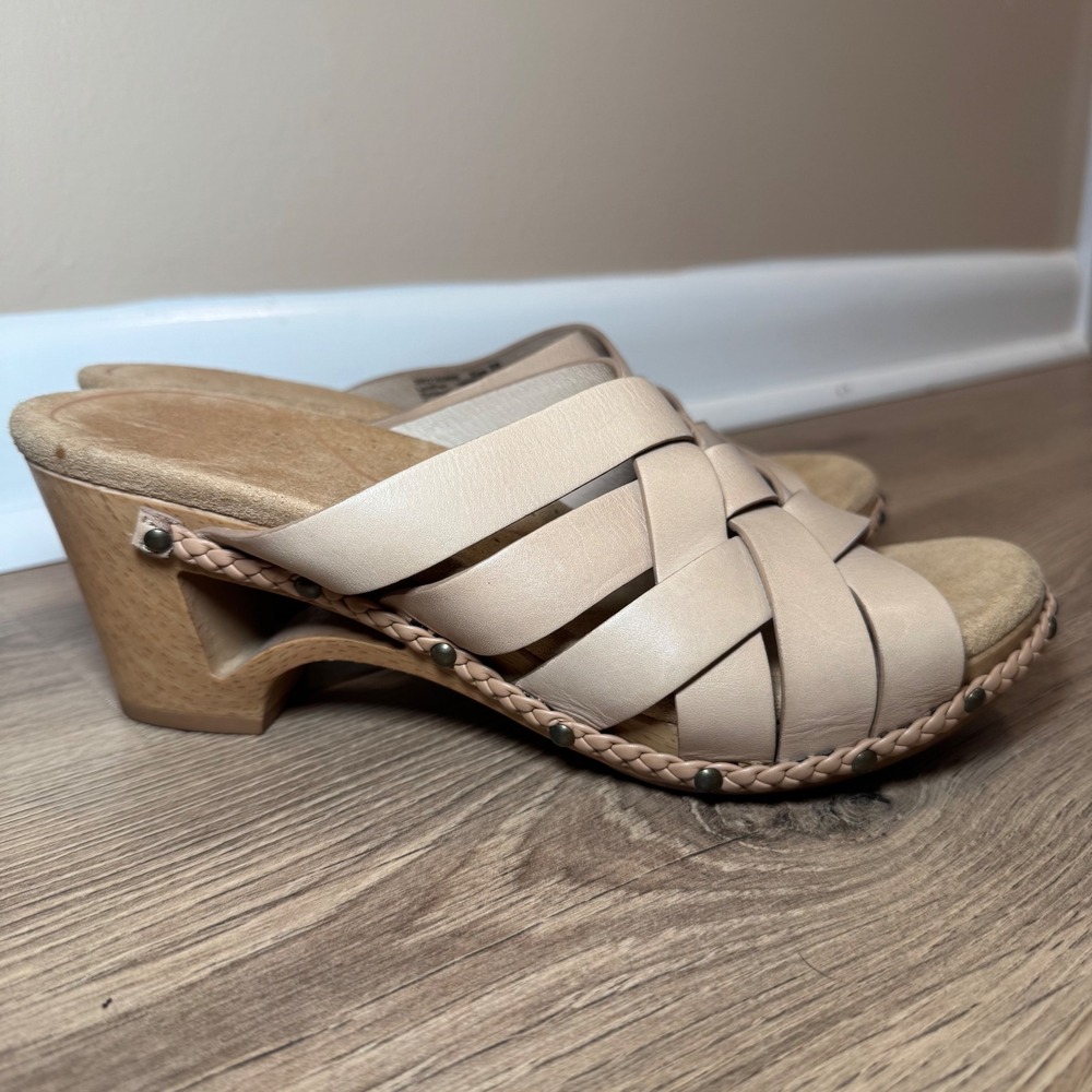 Dansko Womens Beige Leather Woven Slide Wedge‎ Sandals Wood Clog Heel 39